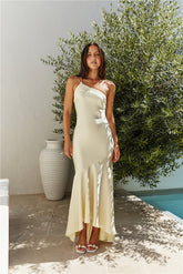 Champagne Chat One Shoulder Maxi Dress Yellow