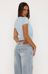 Almost Told You Short Sleeve Cowl Neck Top Dusty Blue