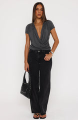 Almost Told You Short Sleeve Cowl Neck Top Charcoal Marle