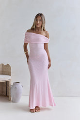 Sea And Selfies Off Shoulder Maxi Dress Pink