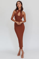 Estella Keyhole Ribbed Midi Dress Brown