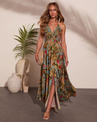 Beautiful Flowers Smocked Halter Maxi Dress