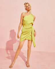 Mabel Satin One Shoulder Front Tie Mini Dress