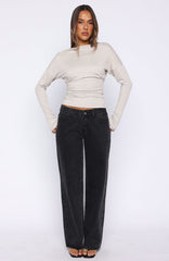 Another Time Cinched Waist Long Sleeve Top Light Grey Marle