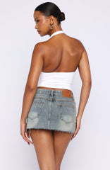 Broken Trust Mid Rise Denim Mini Skirt Brown Blue