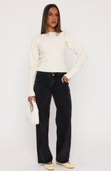 Checked In Cinched Waist Long Sleeve Knit Top Cream
