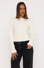 Checked In Cinched Waist Long Sleeve Knit Top Cream