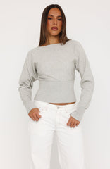 Checked In Cinched Waist Long Sleeve Knit Top Light Grey