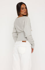 Checked In Cinched Waist Long Sleeve Knit Top Light Grey
