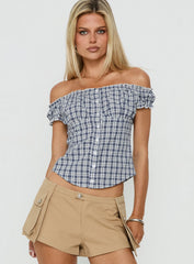 Bravely Off Shoulder Button Up Top Blue Check