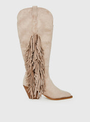 Billini Ardie Faux Suede Tassel Cowboy Boots Light Beige