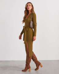 Colleto Tie Waist Midi Sweater Dress