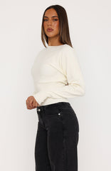 Checked In Cinched Waist Long Sleeve Knit Top Cream