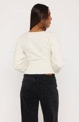 Checked In Cinched Waist Long Sleeve Knit Top Cream