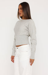 Checked In Cinched Waist Long Sleeve Knit Top Light Grey